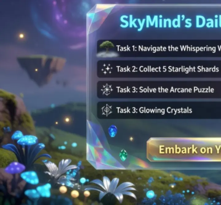 Ekran wyzwań dziennych SkyMind z listą zadań i nagród mentalnych