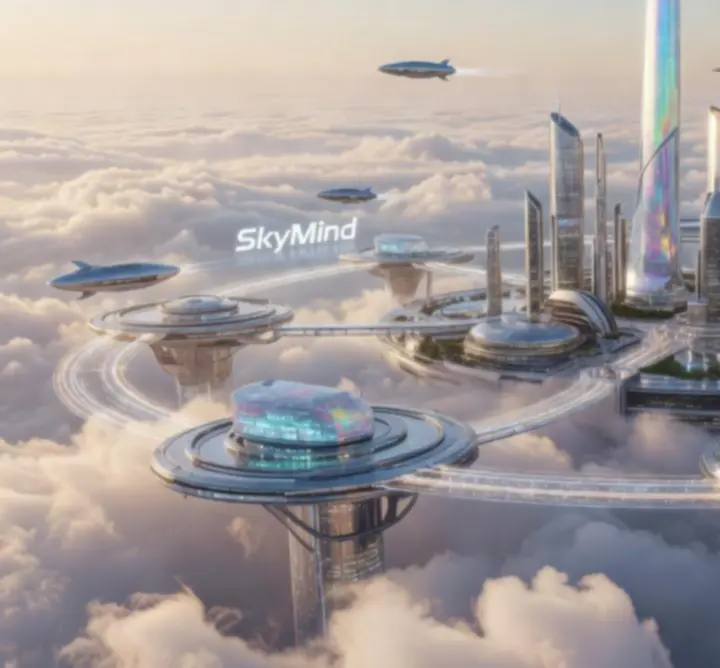 Futurystyczne podniebne miasto SkyMind zawieszone nad chmurami
