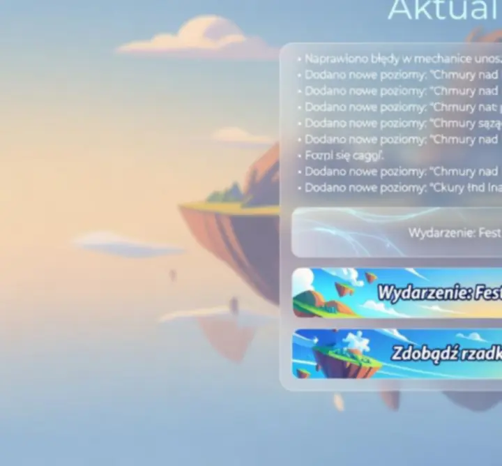 Ekran aktualizacji gry SkyMind z notatkami patcha i ikonami nowych wysp